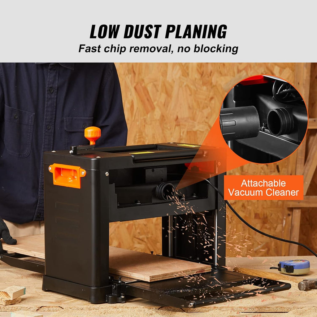 VEVOR Power Benchtop Planers, Three-Blade, Two Speed, 13' Width Worktable Thickness Planer with Extended Infeeding Table, Low Noise for both hard & soft wood material removal
