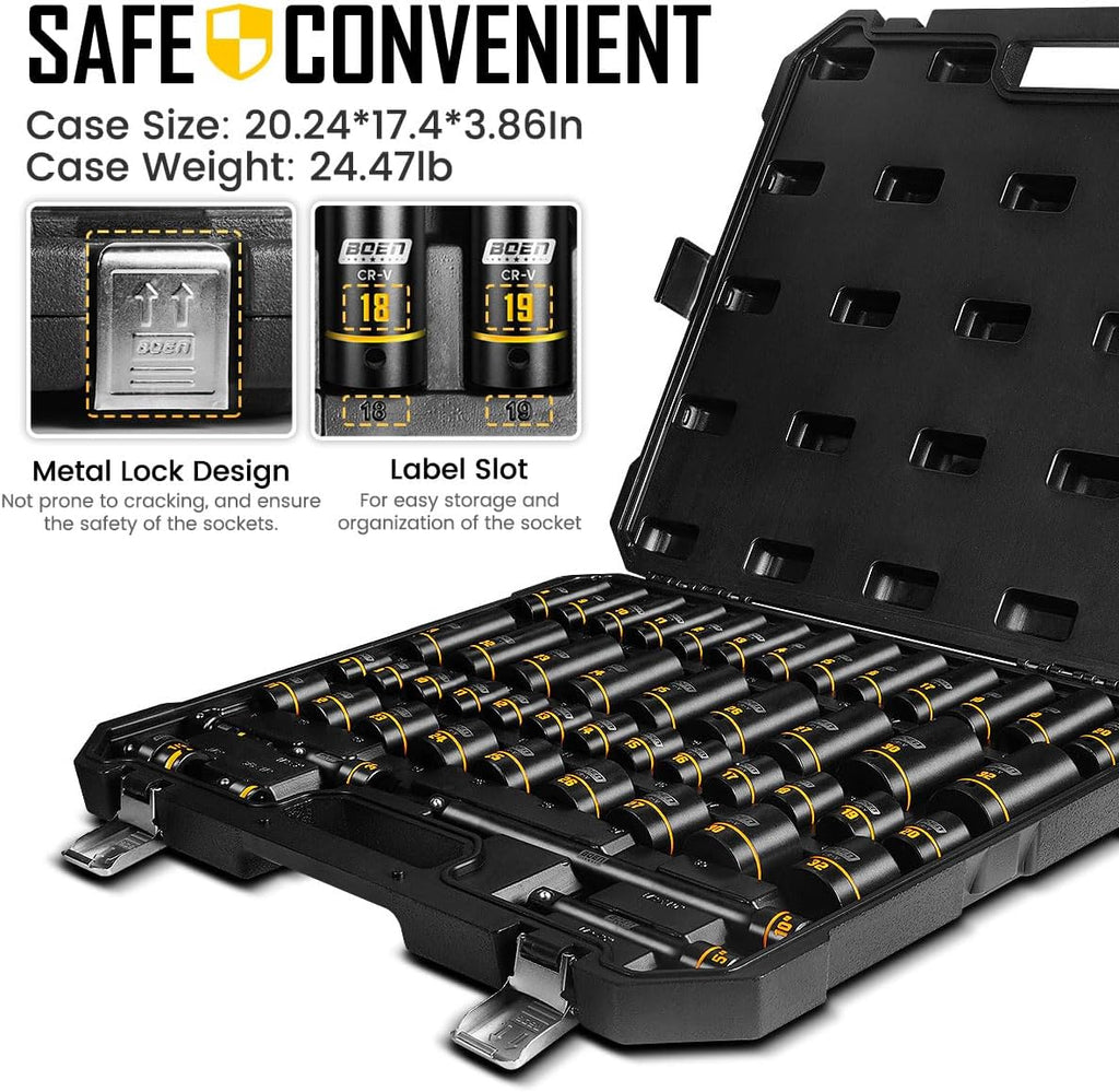 BOEN 1/2' Drive Impact Socket Set, 50-Piece Metric (8-32mm) Deep & Standard Sockets with Paint-Filled Markings, Includes Extensions, Adapter & Universal Joint