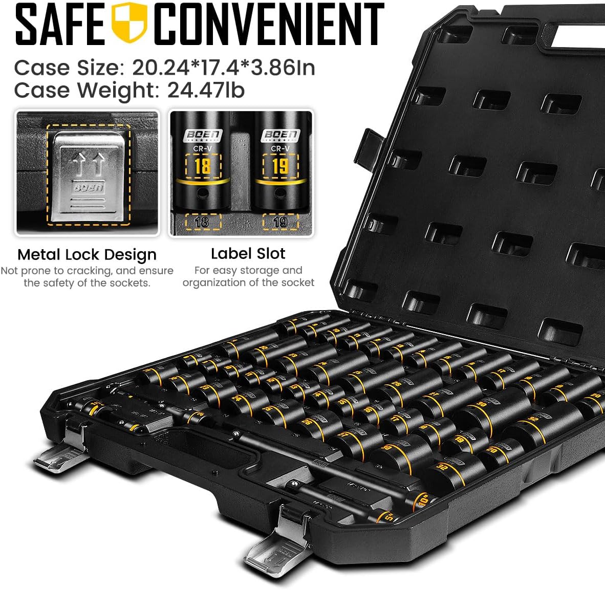 BOEN 1/2' Drive Impact Socket Set, 50-Piece Metric (8-32mm) Deep & Standard Sockets with Paint-Filled Markings, Includes Extensions, Adapter & Universal Joint