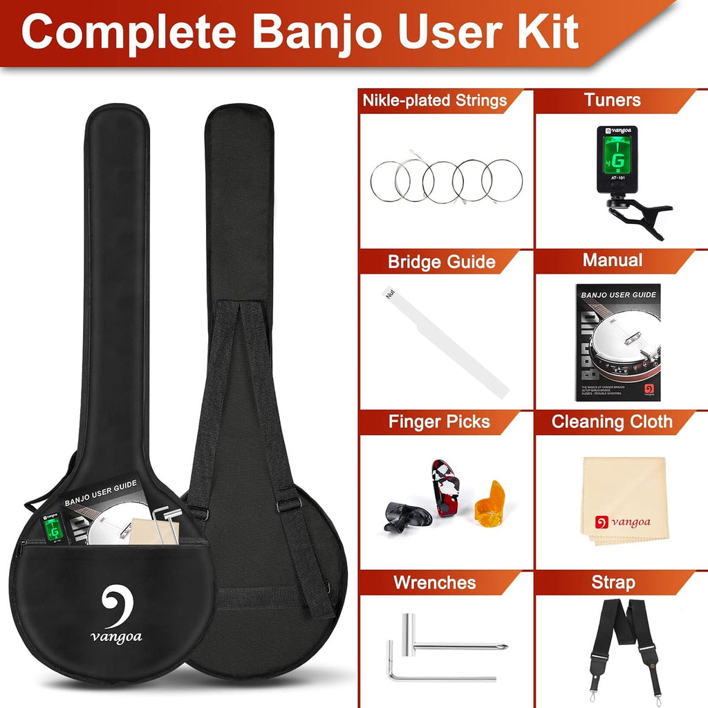 Vangoa Banjo 5 String Beginner Full Size Kit, Remo Head 24 Bracket Open Back Banjo Set with Resonator Starter Kit Gift Choice for Adults Youth Teen Beginner