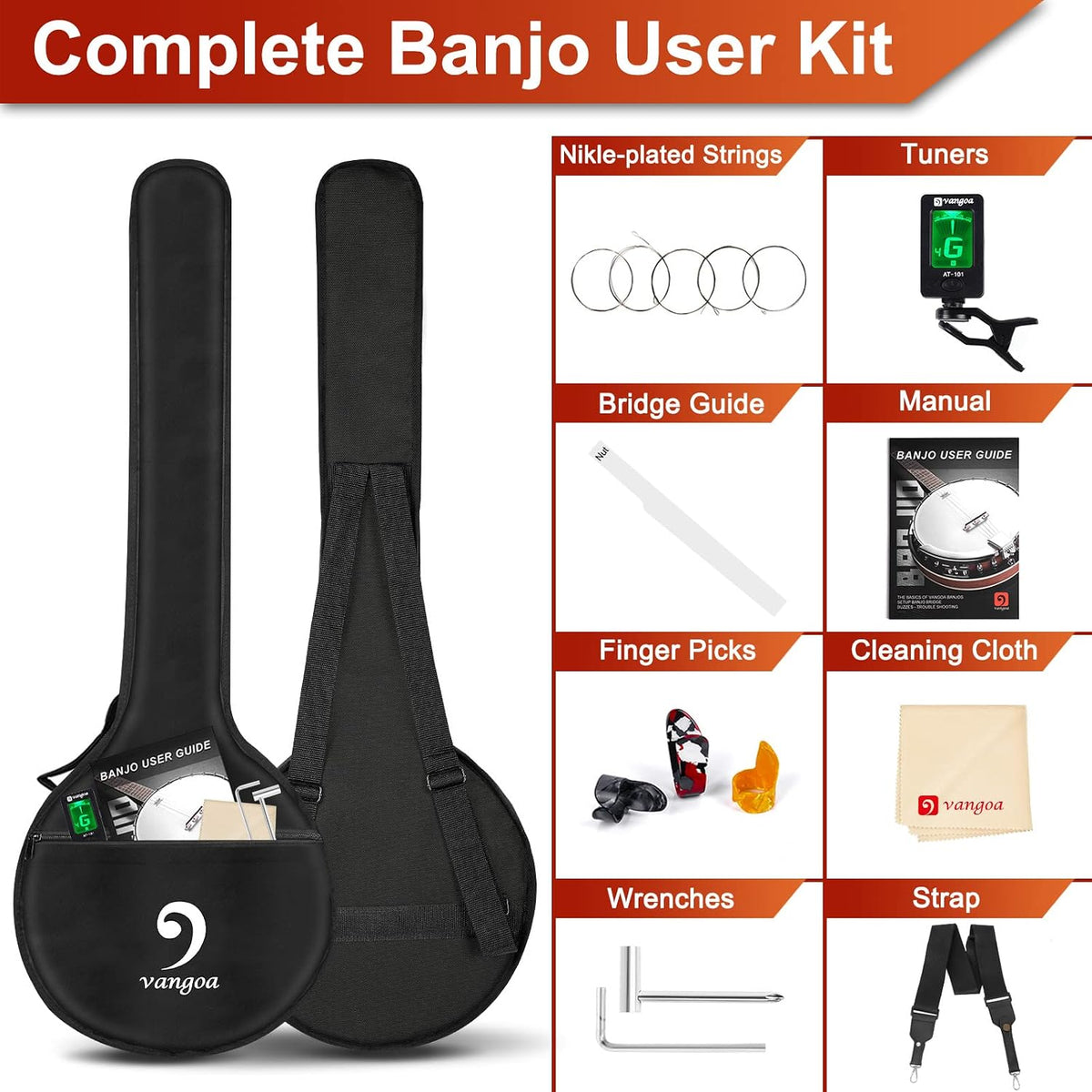 Vangoa Banjo 5 String Beginner Full Size Kit, Remo Head 24 Bracket Open Back Banjo Set with Resonator Starter Kit Gift Choice for Adults Youth Teen Beginner