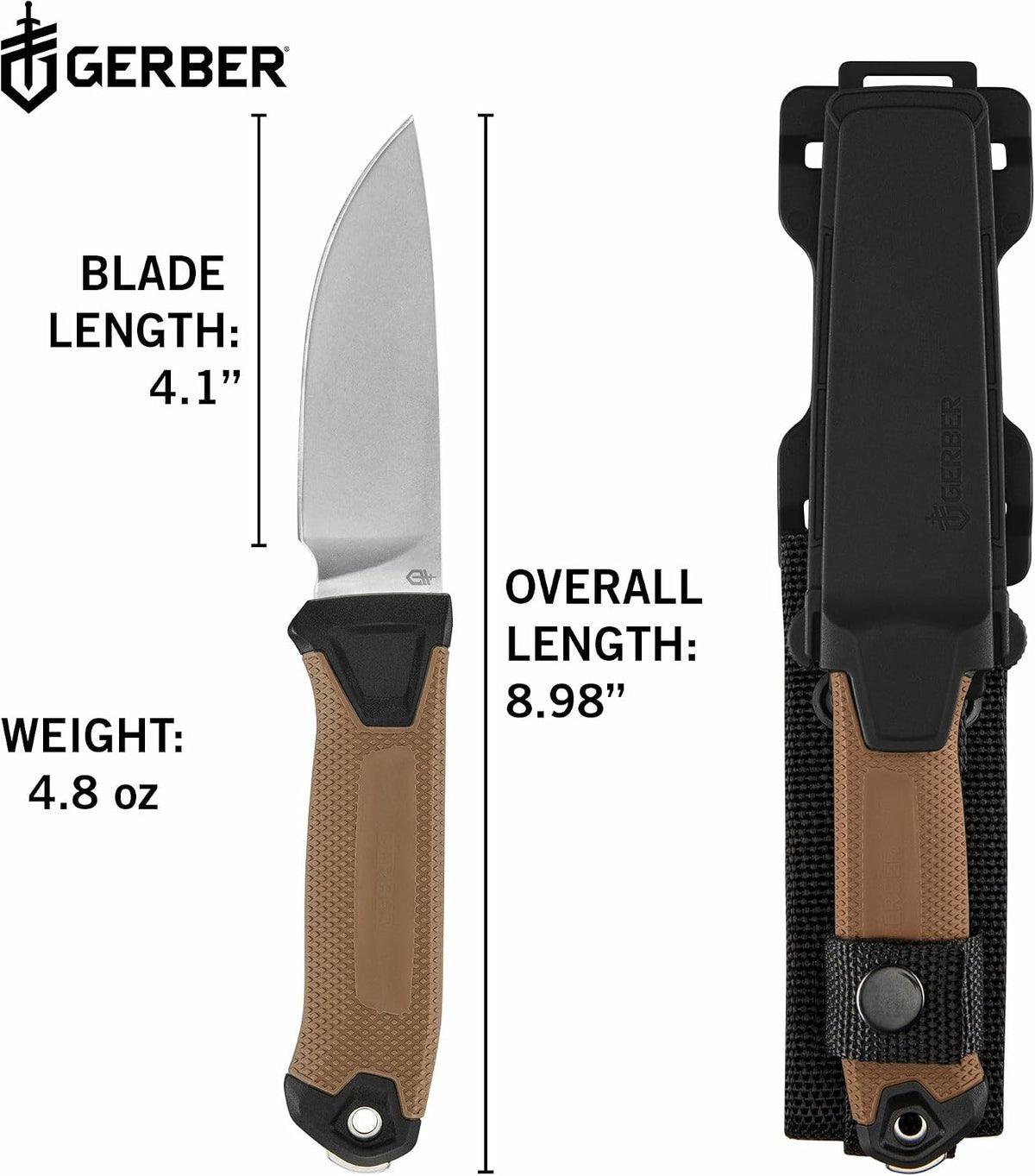 Gerber Gear StrongArm Camp Magnacut - Fixed Blade Survival Tactical Knife for Camping, Outdoor, Hunting - Ergonomic Ambidextrous Utility Tool - Made in USA - Coyote Brown
