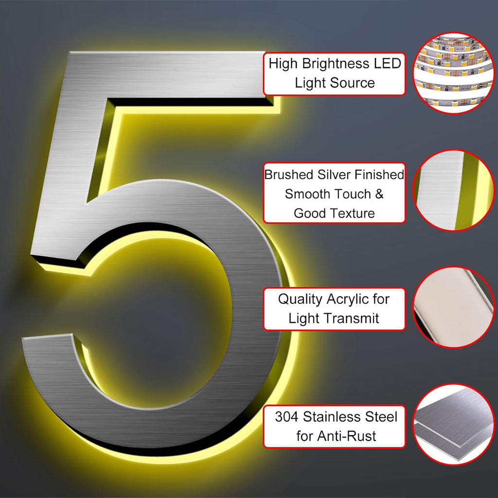 Modern Illuminated Home Address Number, Backlit LED Address Numbers For House, Stainless Steel Lighted Up House Numbers For Outside, Waterproof,16 Inch/400mm,S