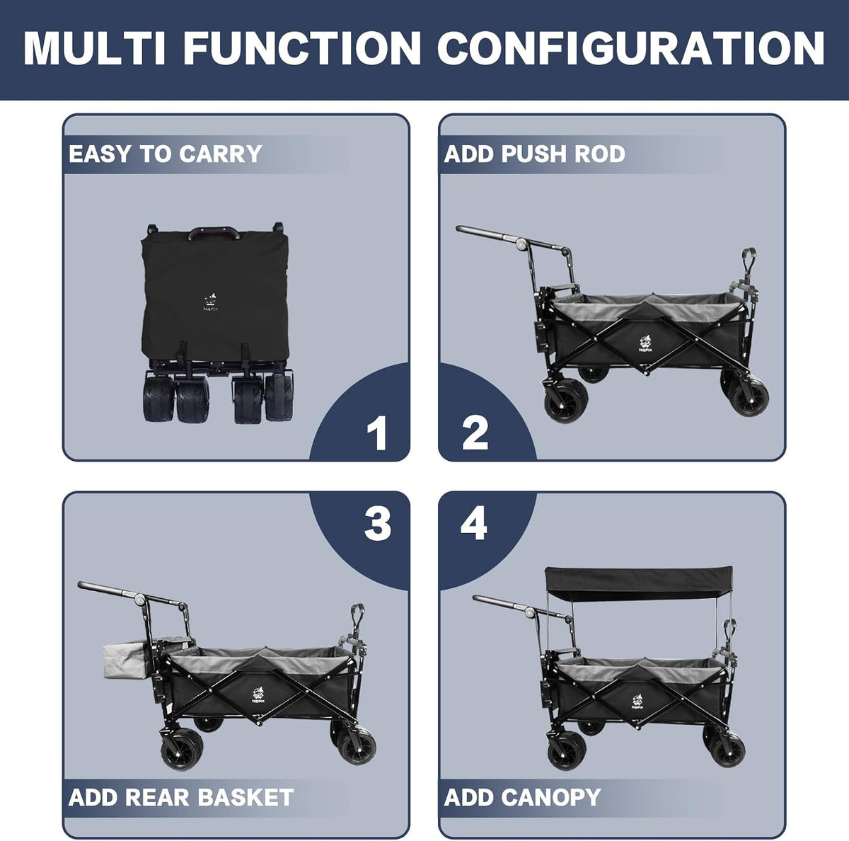 Collapsible Wagon Cart with Removable Canopy, Heavy Duty Foldable Wagon with 4' Large All Terrain Wheels, Brake, Cooler Bag, Adjustable Handles for Garden Beach Sports (Black Gray)