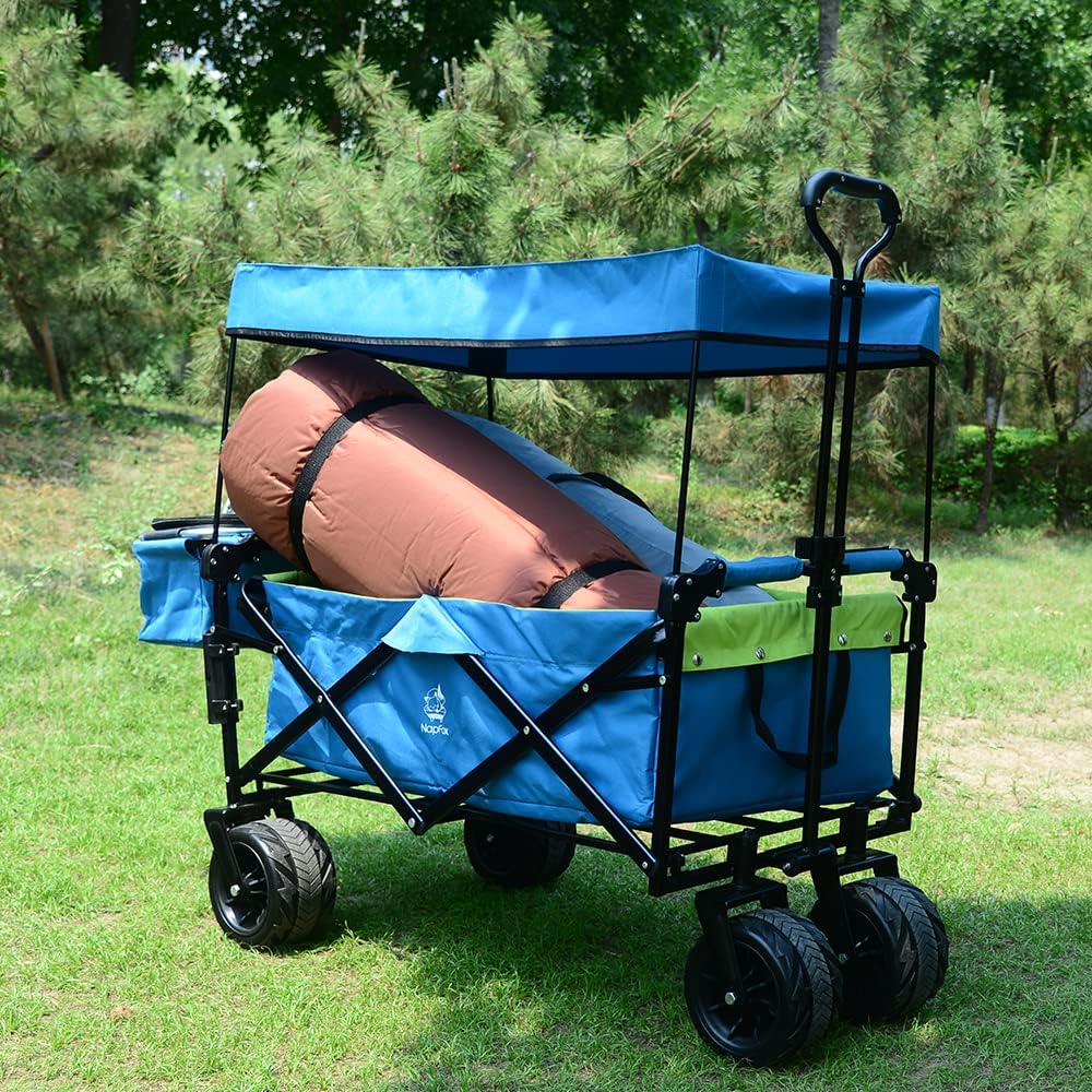 Collapsible Wagon Heavy Duty Folding Wagon Cart with Removable Canopy, 4' Wide Large All Terrain Wheels, Brake, Adjustable Handles,Cooler Bag Utility Carts for Outdoor Garden Wagons Carts Beach Cart