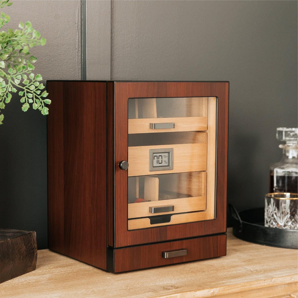 CASE ELEGANCE Luca Humidor Cabinet Stores 80-100, Cigar Humidor Box with Spanish Cedar, Glass Display, Easy Humidification System, Digital Hygrometer - Brown
