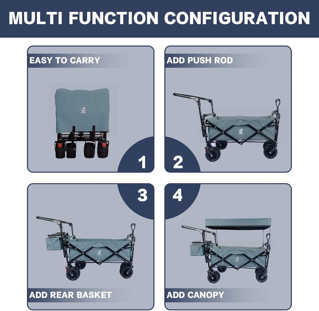 Collapsible Wagon Cart with Removable Canopy, Heavy Duty Foldable Wagon with 4' Large All Terrain Wheels, Brake, Cooler Bag, Adjustable Handles for Garden Beach Sports (Gray)