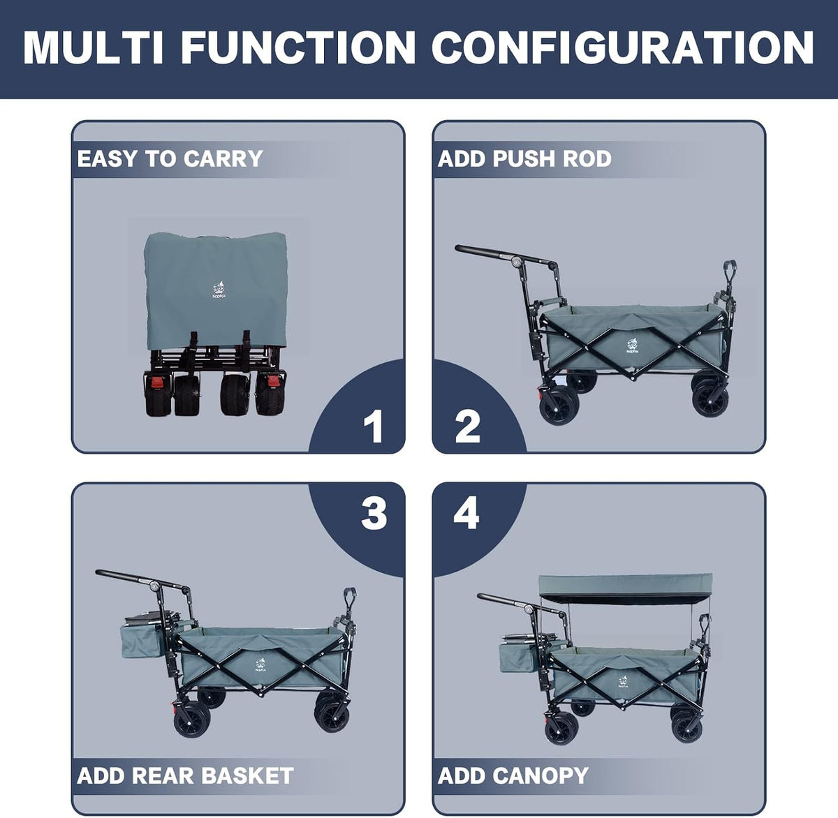 Collapsible Wagon Cart with Removable Canopy, Heavy Duty Foldable Wagon with 4' Large All Terrain Wheels, Brake, Cooler Bag, Adjustable Handles for Garden Beach Sports (Gray)