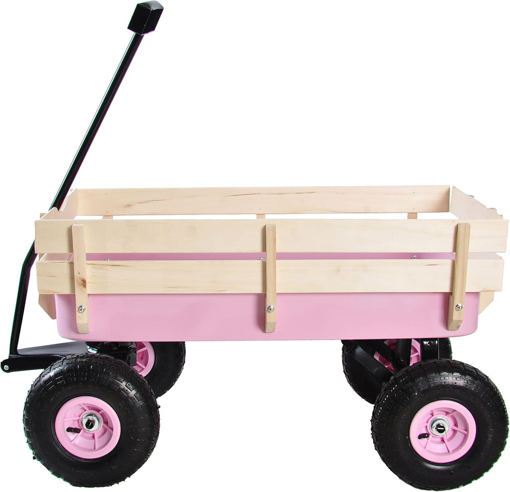 Outdoor Sport All Terrain Pulling Wagon With Removable Wooden Side Panels, Air Tires, Big Foot Panel, Sturdy Steel Bed for Kids' Pull-Along (Pink)