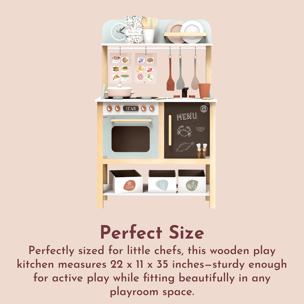 SPEEDY MONKEY Wooden Play Kitchen Set for Pretend Play | 20-Piece Kids Cooking Set with Wooden Food & Cookware Accessories | Supports Imaginative Play & Social Skill Development for Kids Ages 3+