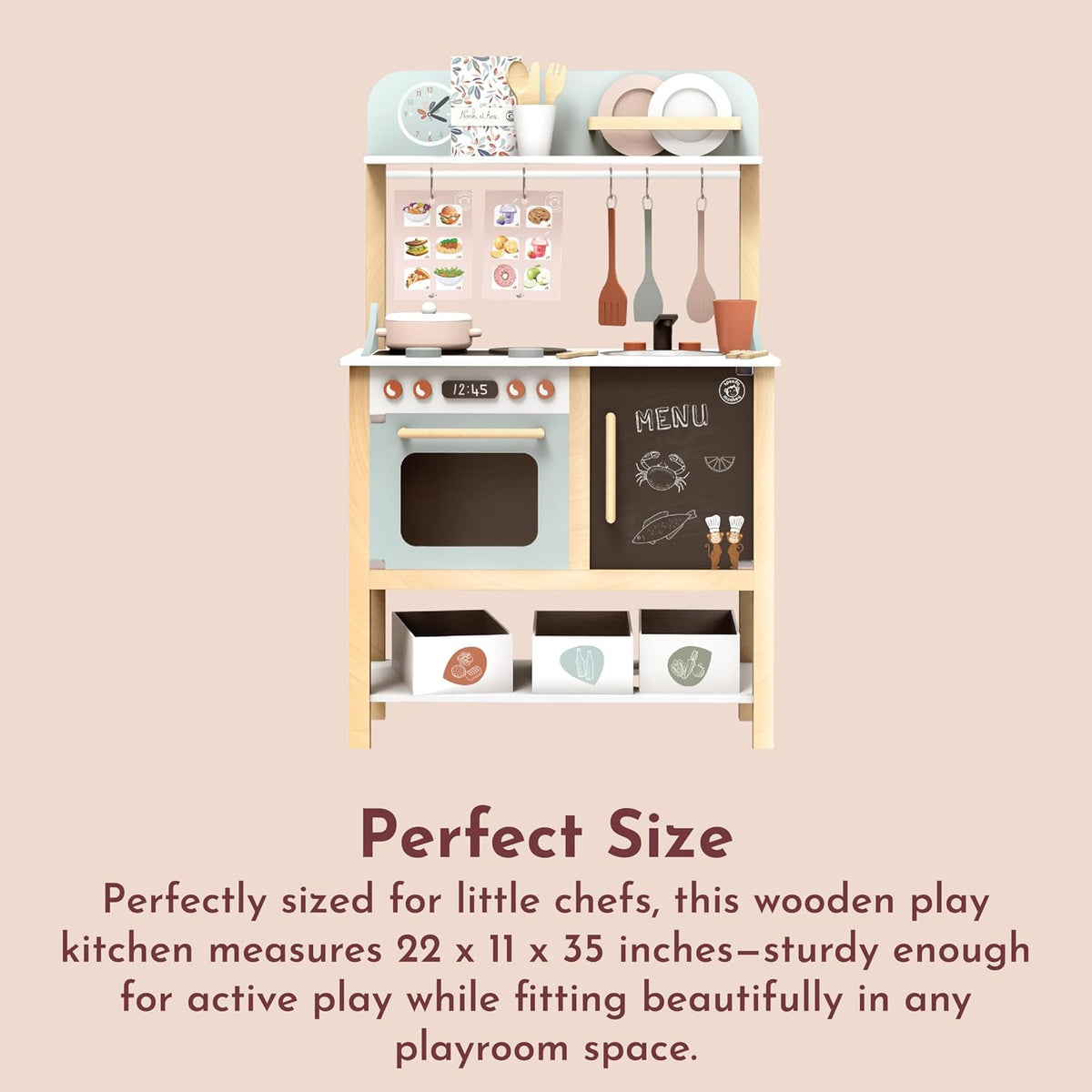 SPEEDY MONKEY Wooden Play Kitchen Set for Pretend Play | 20-Piece Kids Cooking Set with Wooden Food & Cookware Accessories | Supports Imaginative Play & Social Skill Development for Kids Ages 3+
