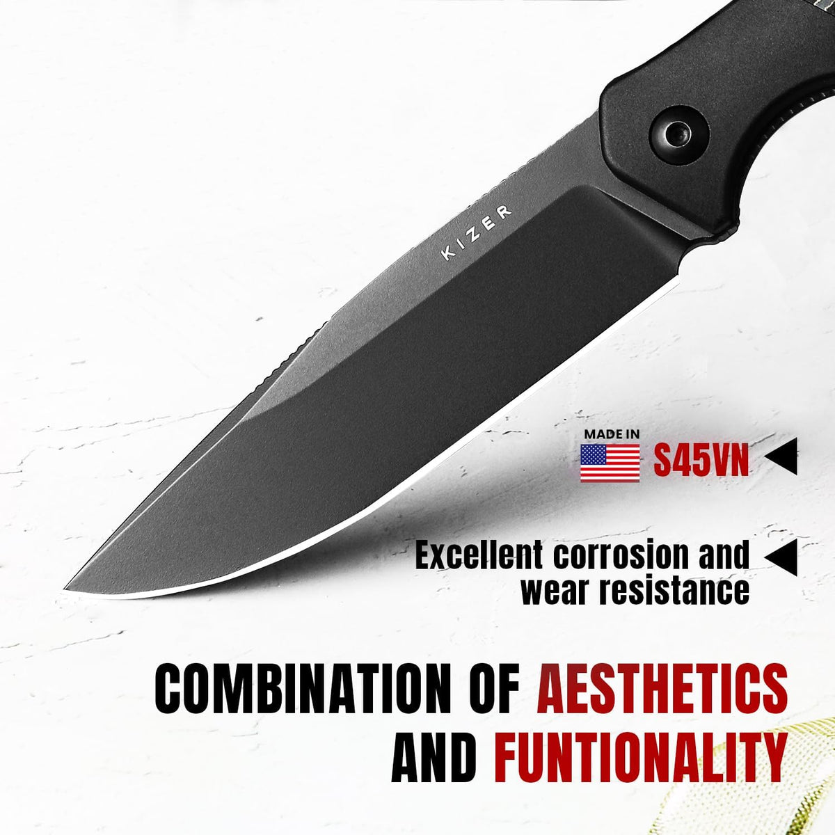 Kizer Militaw Fixed Blade Knife with Sheath, S35VN Blade Camping Knife with Aluminium+Fat Carbon Handle, Fixed Blade EDC Knives for Men Women Gift, Outdoor Hunting Hiking Survival Knives 1067A1