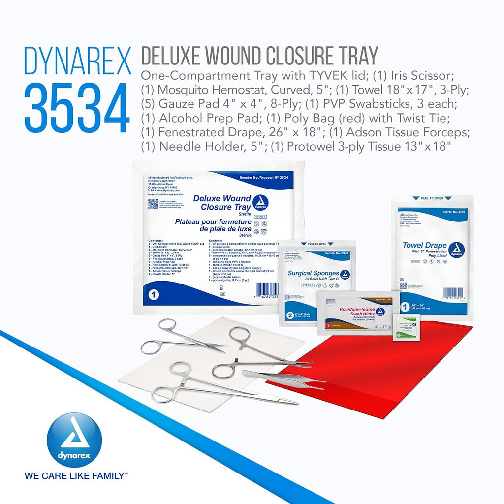 Dynarex Deluxe Wound Closure Trays - Sterile Wound Care Kit, Emergency Supplies with Scissor, Swabs, Gauze Pads, Towel, Prep Pad, Poly Bag - Case of 20 Trays