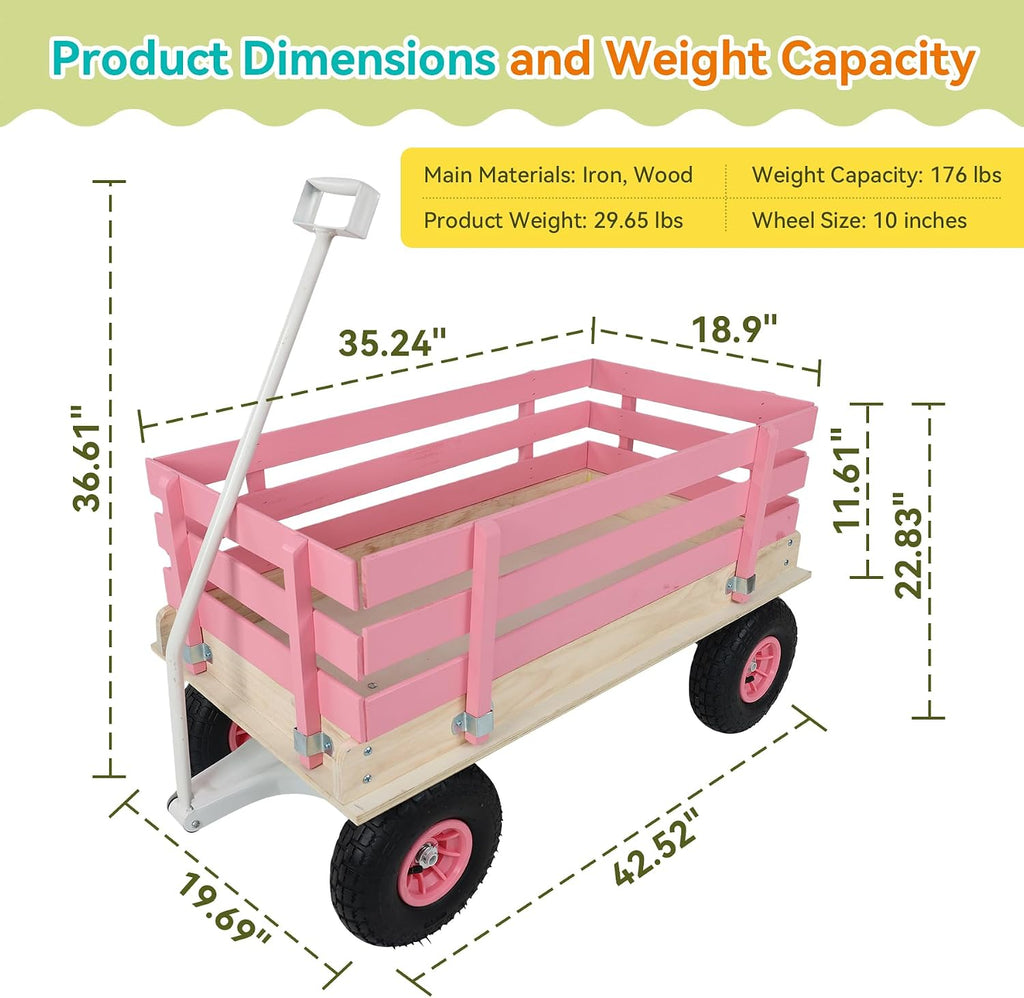 Garden Cart with Removable Side Panels, 176 lbs Capacity - Heavy-Duty Steel Yard Cart with Pneumatic Tires, Ideal for Gardening, Beach Use, and More (Pink-White Handle)
