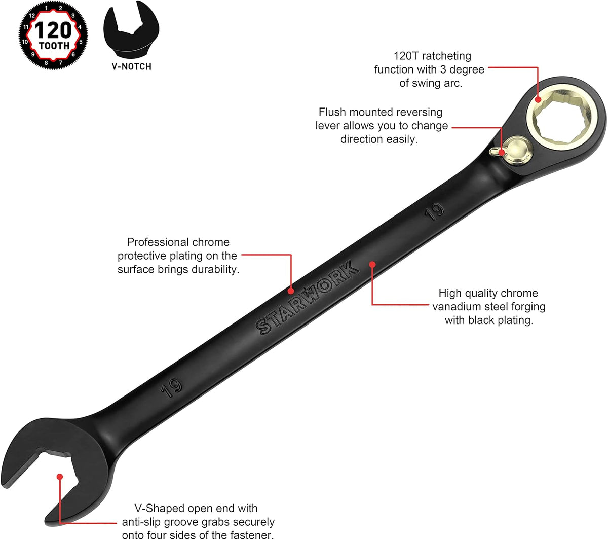 STARWORK TRUE MECHANIC™ 20 Pc. 120-Tooth Reversible Ratcheting Wrench Set, Combination Ratchet Wrench Set, Non-Slip, Long Pattern, 6-Point 15° Offset, Professional, SAE/Metric(5/16-3/4' & 8-19 mm)