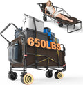 LEVELEVE Heavy Duty Folding Wagon - 2-in-1 Collapsible Cart, 650lb Capacity, All-Terrain Wheels w/Brakes & Side Pockets (Brown)