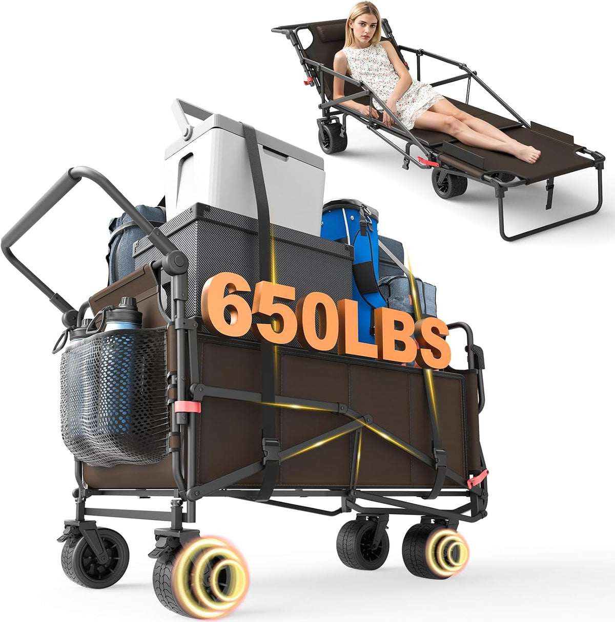 LEVELEVE Heavy Duty Folding Wagon - 2-in-1 Collapsible Cart, 650lb Capacity, All-Terrain Wheels w/Brakes & Side Pockets (Brown)