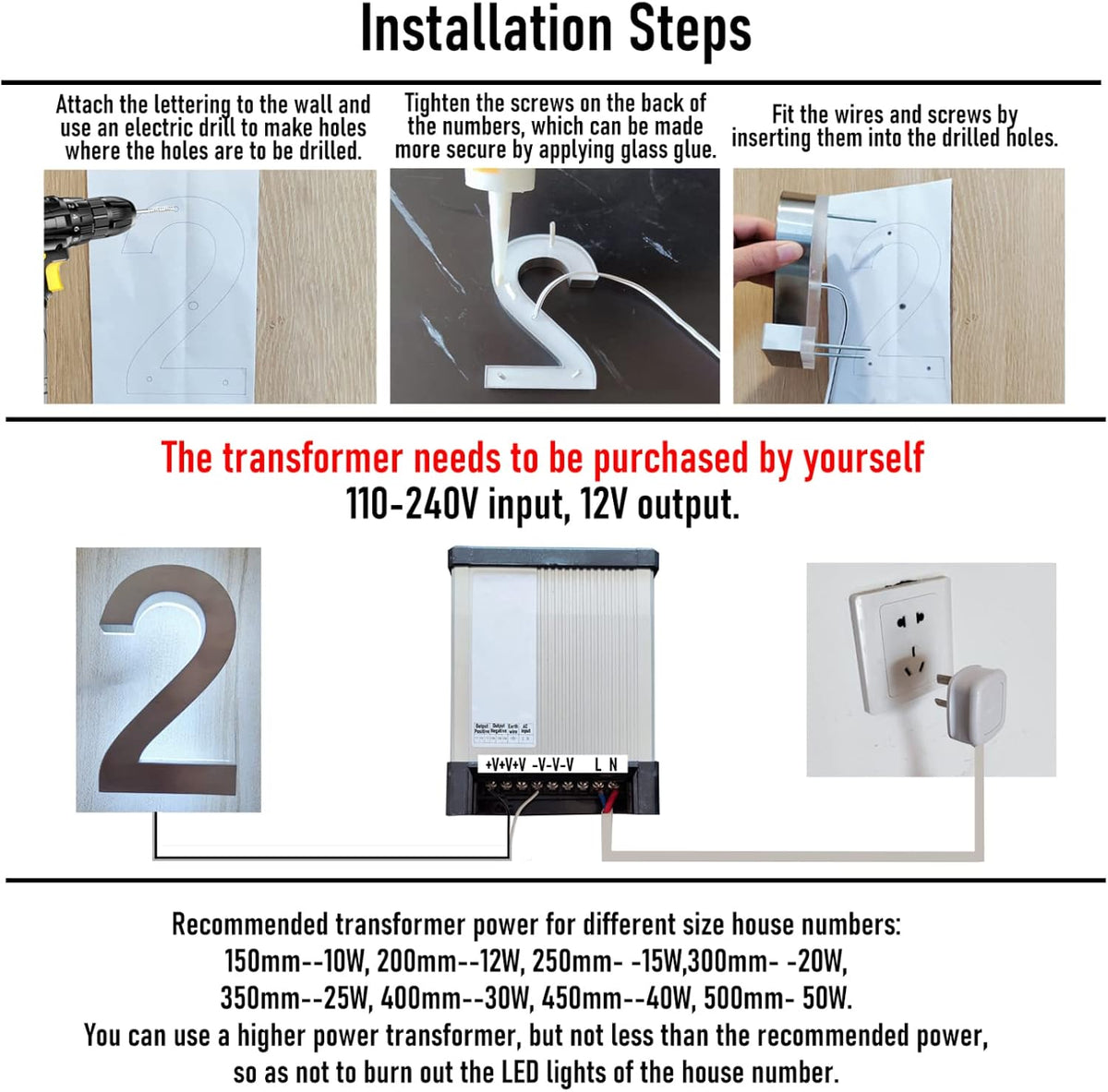14' Modern Illuminated Address Numbers Signs For House, Stainless Steel Hand-Polished For House Address Signs, Waterproof Lighted House Numbers For Outside,3