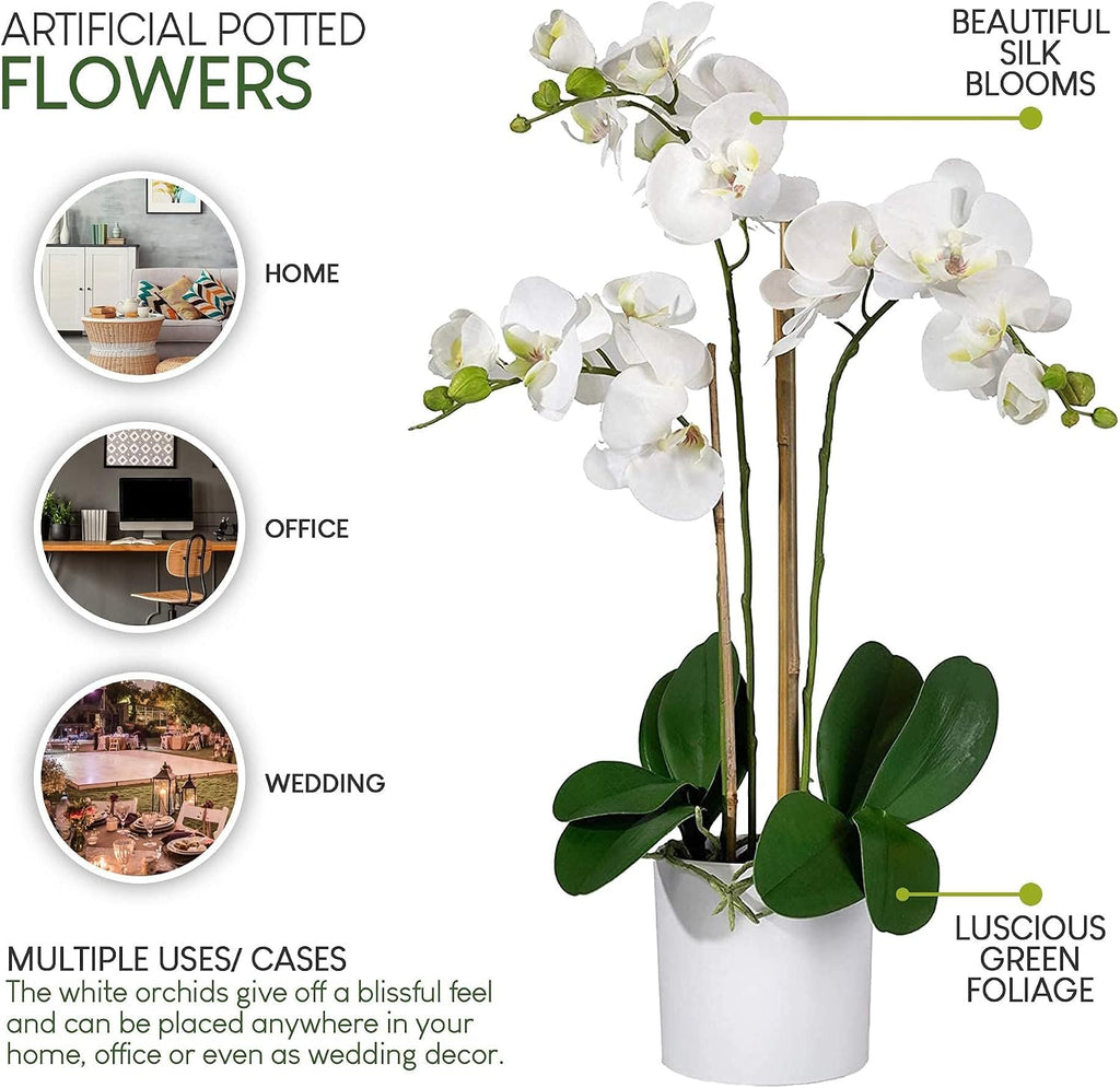 Serene Spaces Living White Realistic Phalaenopsis Orchids in Pot, Artificial Potted Flowers - Beautiful Entryway Vase, Foyer Table Décor, Measures 26' Tall & 5' Diameter, Set of 6
