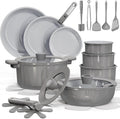 CAROTE 27pcs Ceramic Cookware Set Nonstick, Pots and Pans Set Non Stick, Non Toxic Cookware Detachable Handles, Dishwasher/Oven Safe, RV/Camping Cookware with Kitchen Utensils, Gray