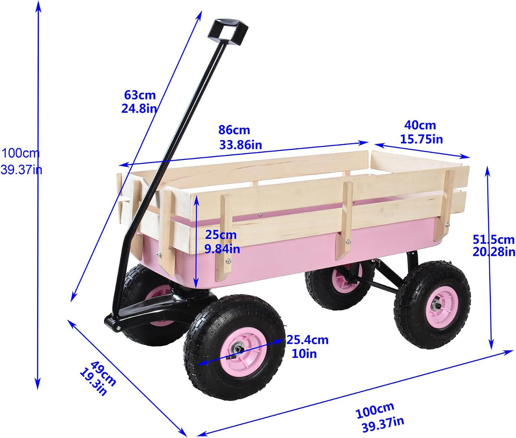 Outdoor Heavy Duty Wagon Cart for All Terrain Pulling, Steel Wagon Frame Removable Wooden Panels Adjustable Handle Air Tires Sport Wagon for Kids Camping Garden, Max. Load 176 lbs, Pink