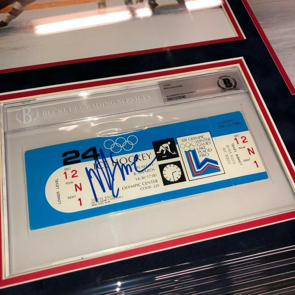 MIKE ERUZIONE SIGNED 1980 Miracle on Ice TEAM USA FRAMED GOLD MEDAL TICKET BAS - Autographed Olympic Tickets
