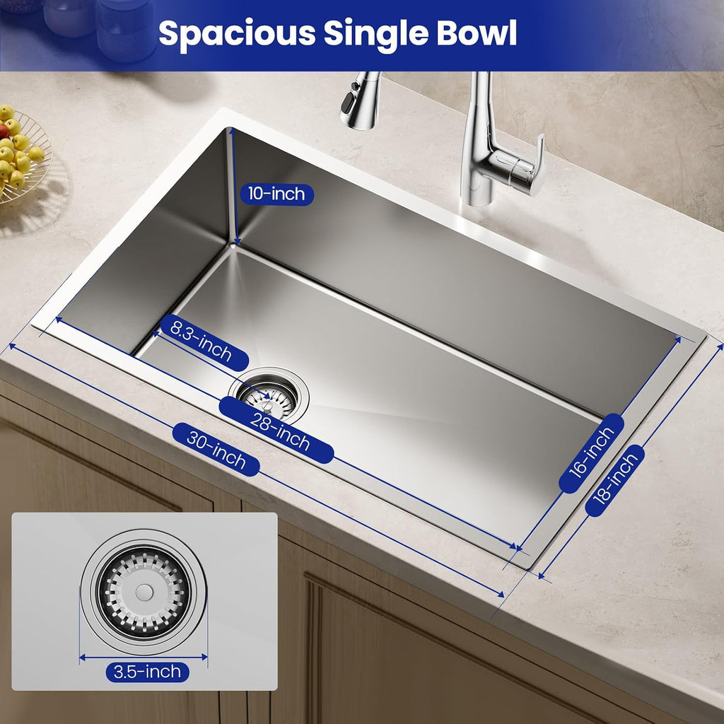 JOMOO 30'x18' Undermount Kitchen Sink, 304 Stainless Steel Handmade Single Bowl Deep Basin Sink with Accessories, Round Corners, Ideal for Kitchen, Bar, Laundry, RV
