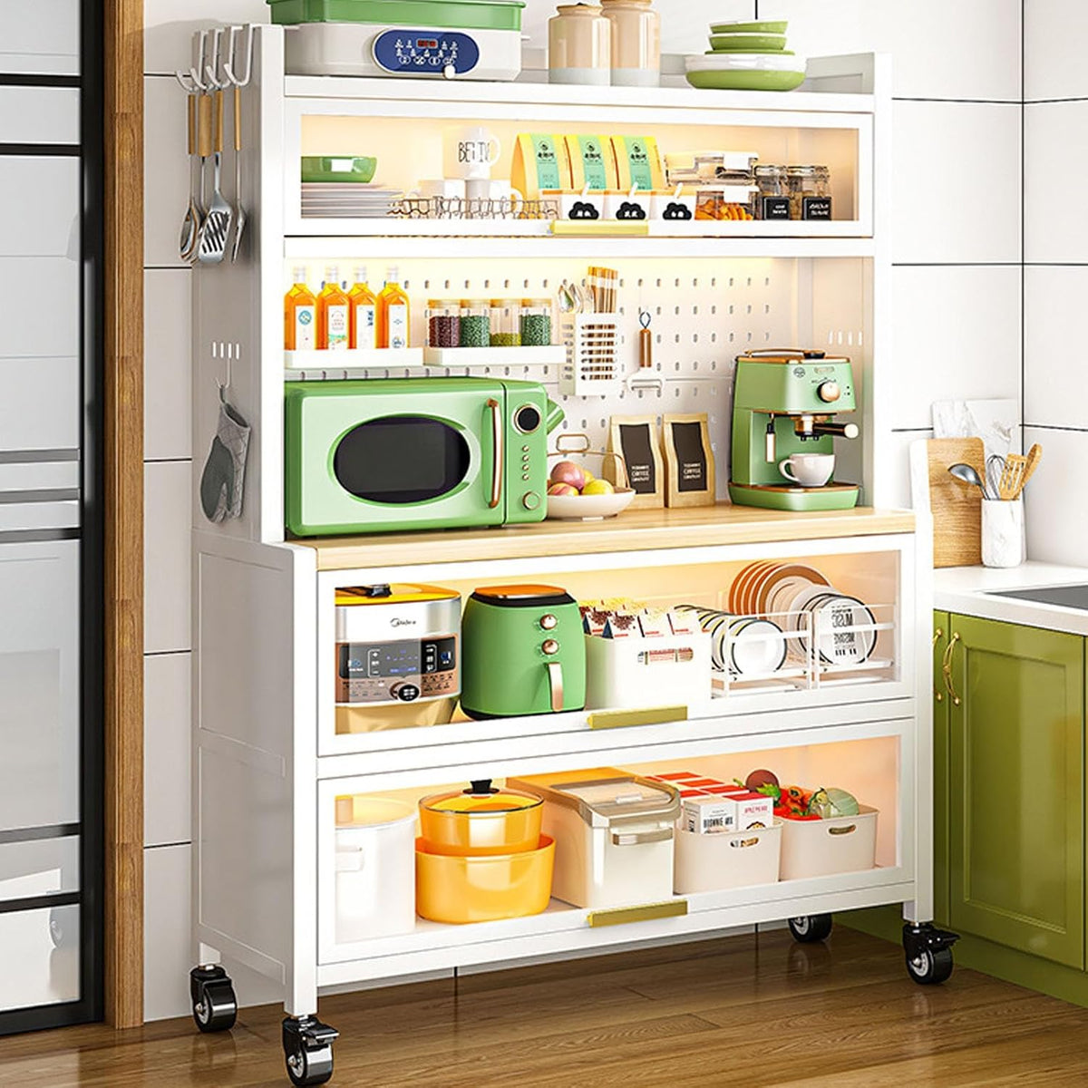 Freestanding Multi-Layer Kitchen Floor Cupboard，Microwave Storage Stand,Kitchen Cabinet Storage, Bakers Rack with Power Outlets, 5-Tier Kitchen Storage Shelf, Large Kitchen Storage Shelves w