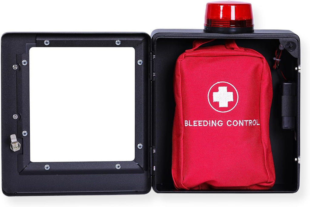 Bleeding Control Kit + Emergency Wall Mount Cabinet | Optional Lock & Alarm Feature Included (Black)