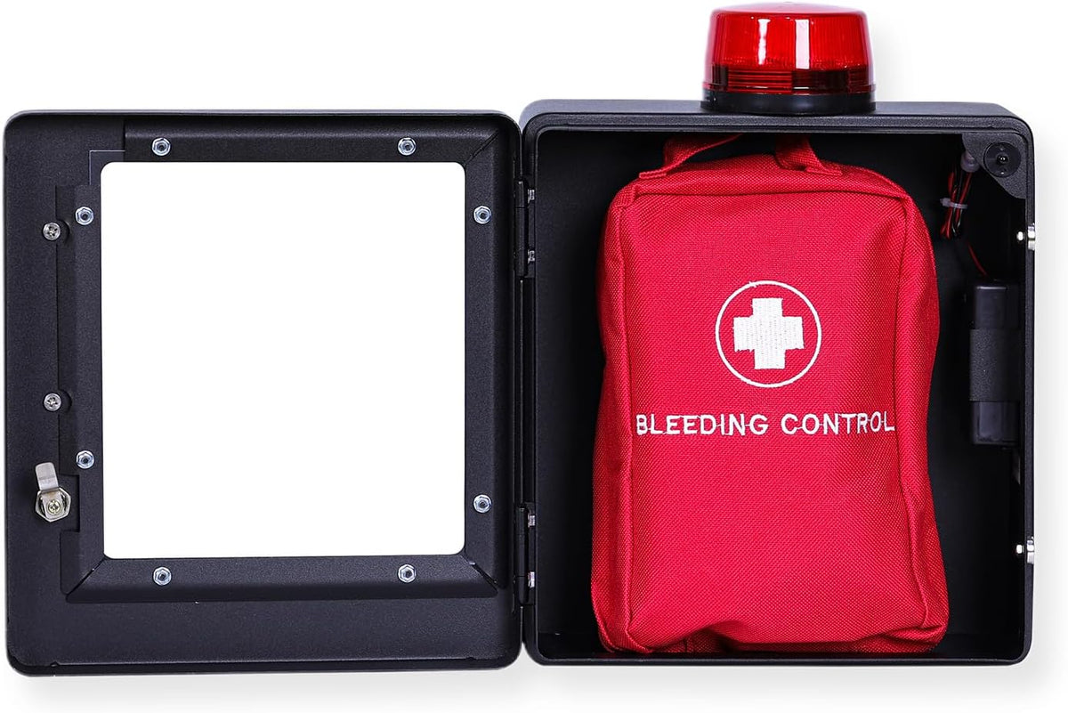 Bleeding Control Kit + Emergency Wall Mount Cabinet | Optional Lock & Alarm Feature Included (Black)
