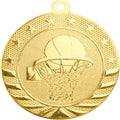 50 Pack of 2 inch Diameter Die-Stamped Solid Metal Basketball Gold Medals with Red White and Blue Neck Ribbons.
