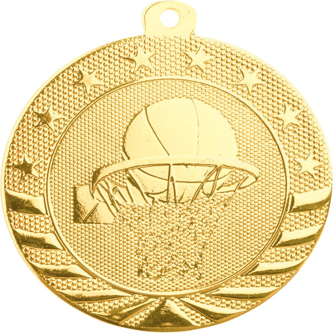 50 Pack of 2 inch Diameter Die-Stamped Solid Metal Basketball Gold Medals with Red White and Blue Neck Ribbons.