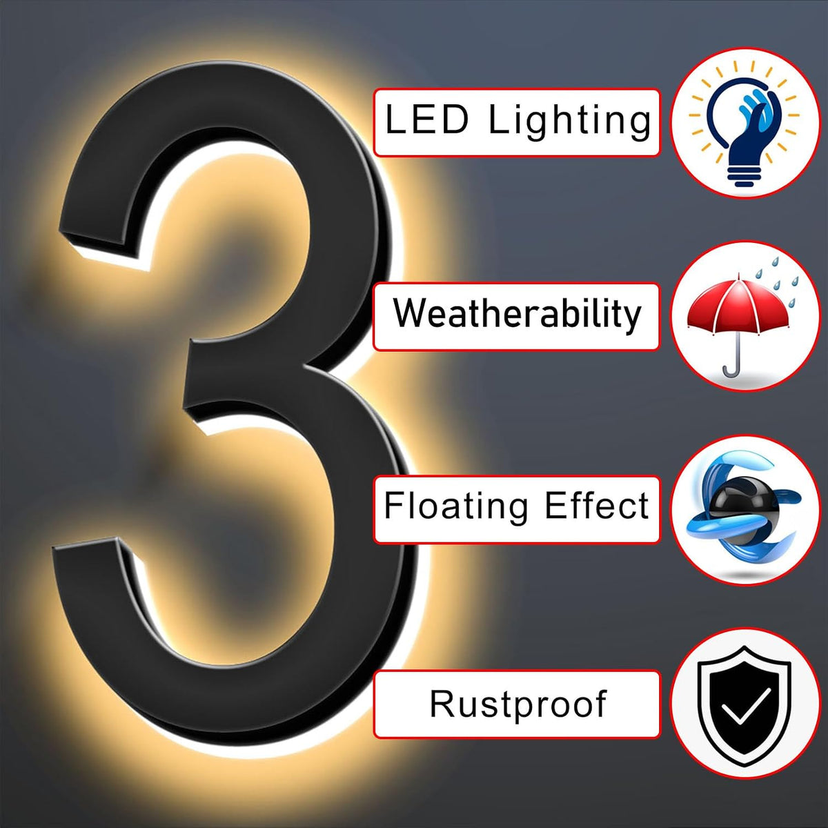 Backlit Illuminated LED House Numbers, Matte Black, Address Signs Lighted Plaque Glow At Night, Outdoor/Indoor, Modern, Low-Voltage, Weatherproof, Easy To Install,6 Inch,Six Character