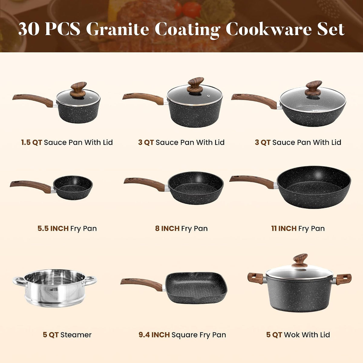 Kitchen Induction Cookware & Bakeware Set - 30 Piece Black Granite Cooking Pans Set, Non-Stick Pots and Pans Set