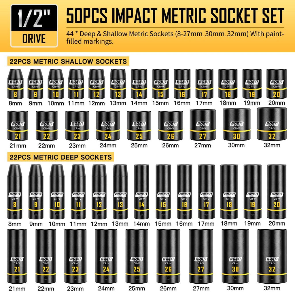 BOEN 1/2' Drive Impact Socket Set, 50-Piece Metric (8-32mm) Deep & Standard Sockets with Paint-Filled Markings, Includes Extensions, Adapter & Universal Joint