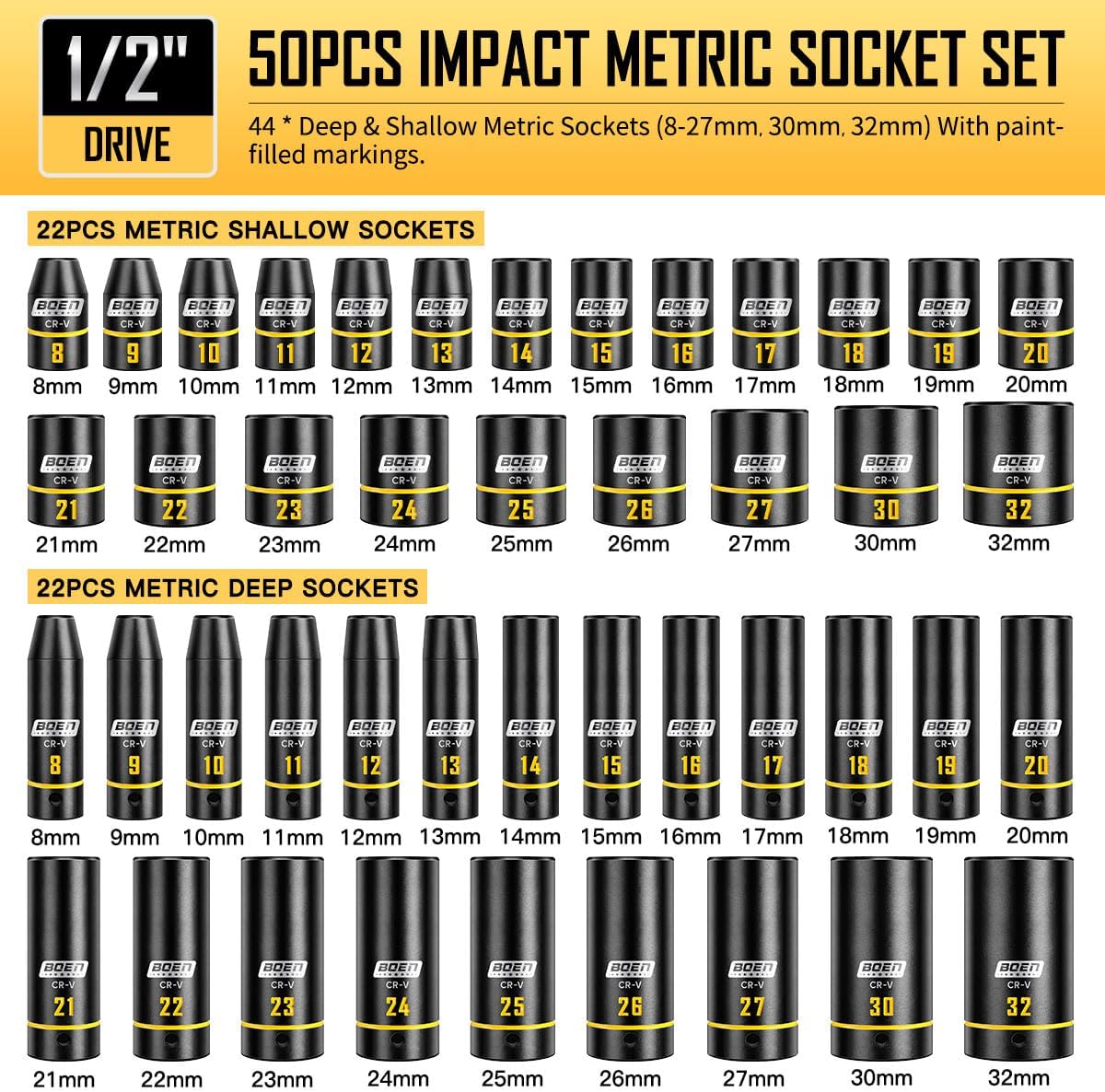 BOEN 1/2' Drive Impact Socket Set, 50-Piece Metric (8-32mm) Deep & Standard Sockets with Paint-Filled Markings, Includes Extensions, Adapter & Universal Joint