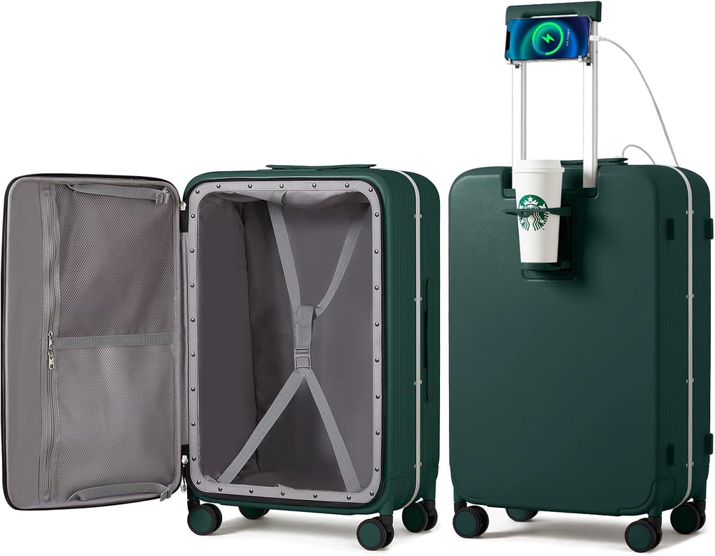 mixi Large Checked Luggage with Cup Phone Holder and Charger Hard Shell Suitcases with Spinner Wheels, 26 Inch Blackish Green