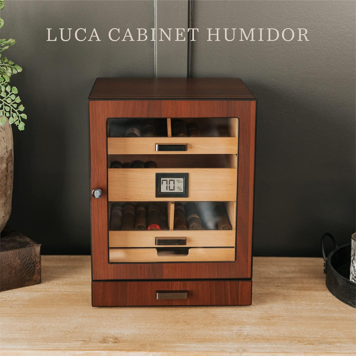 CASE ELEGANCE Luca Humidor Cabinet Stores 80-100, Cigar Humidor Box with Spanish Cedar, Glass Display, Easy Humidification System, Digital Hygrometer - Brown