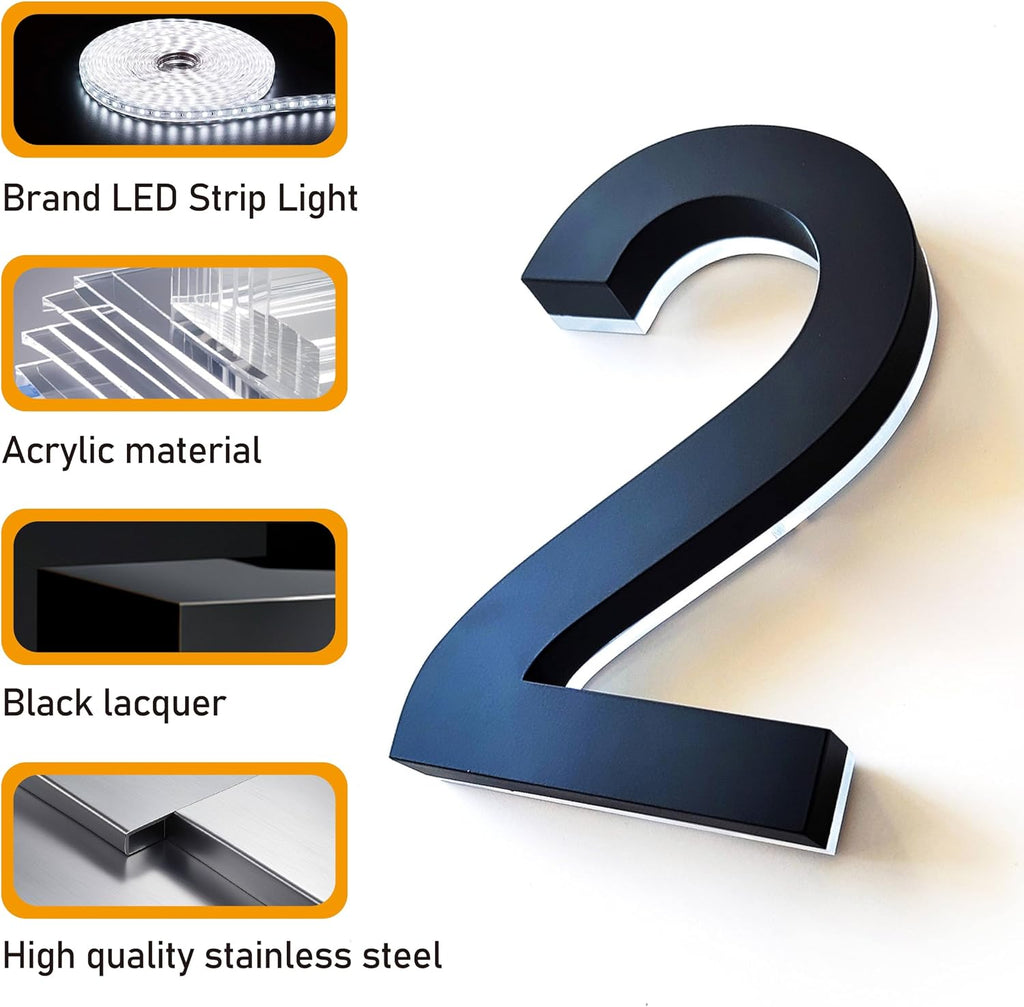 LED Illuminated House Numbers,Matte Black, Modern Address Signs Lighted Plaque For Outdoor Indoor.