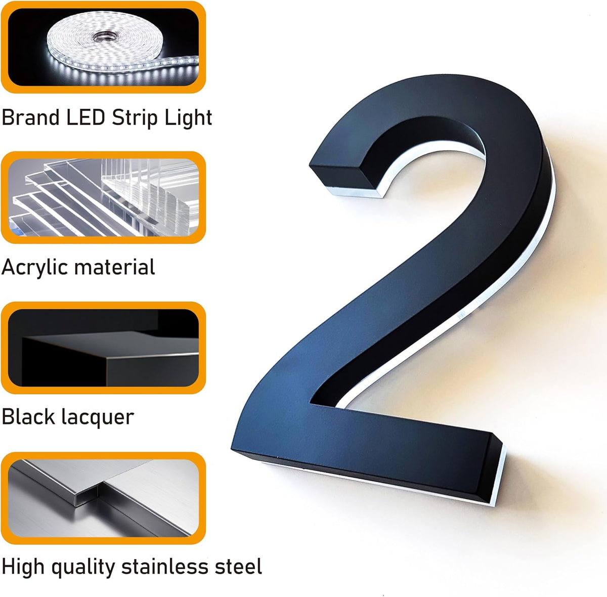 LED Illuminated House Numbers,Matte Black, Modern Address Signs Lighted Plaque For Outdoor Indoor.