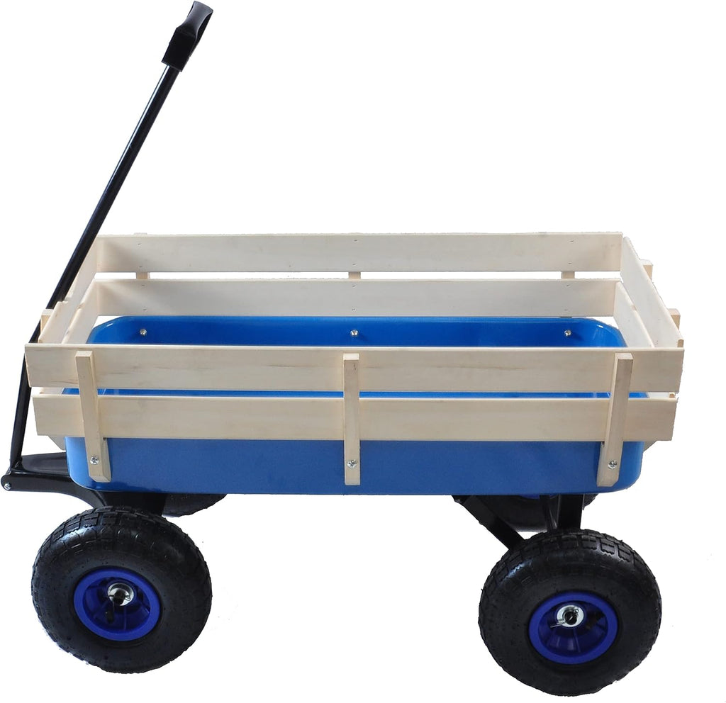 Outdoor Sport All Terrain Pulling Wagon With Removable Wooden Side Panels, Air Tires, Big Foot Panel, Sturdy Steel Bed, Kids' Pull-Along (Blue)