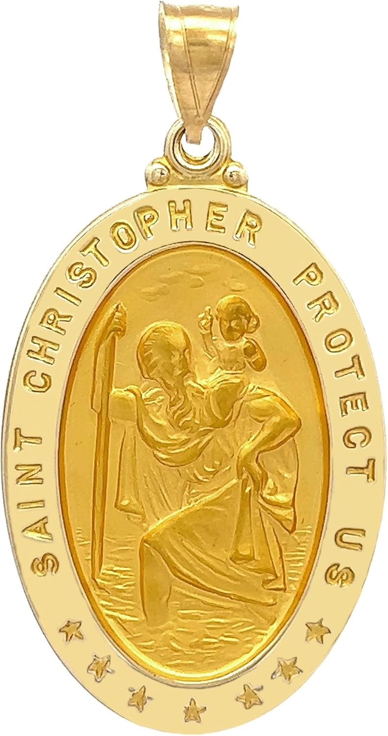 14k Yellow Gold and White Gold Polished Saint Christopher Oval Pendant Medals for Men and Boys