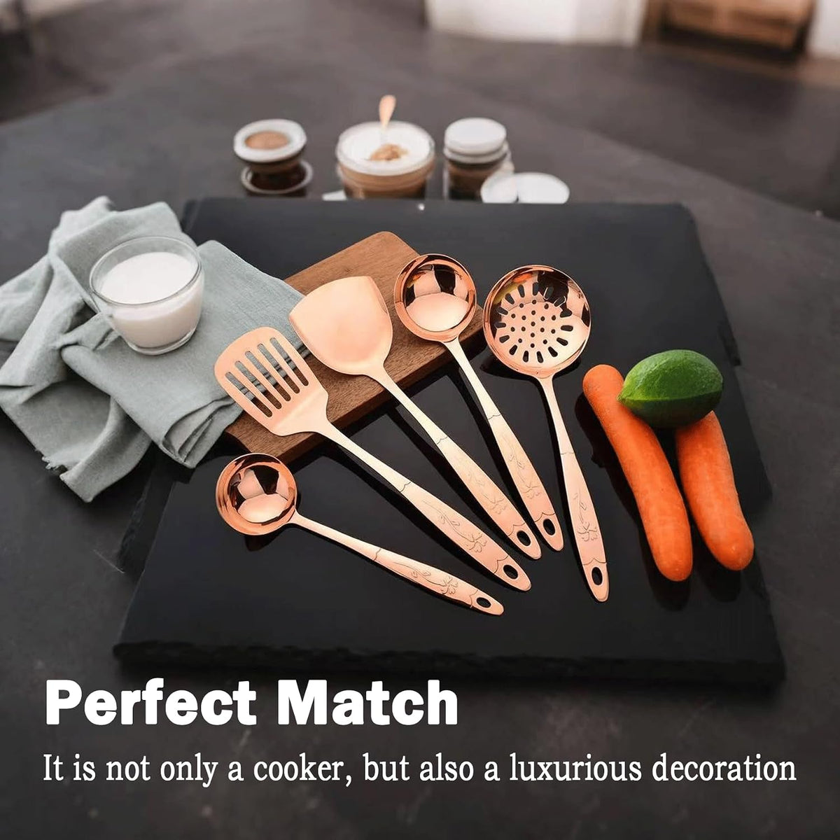 5-Piece Pure Copper Kitchen Cooking Utensils Set, Stylish Copper Kitchen Accessories, Cookware Set for Home or Restaurant Cooking (5)