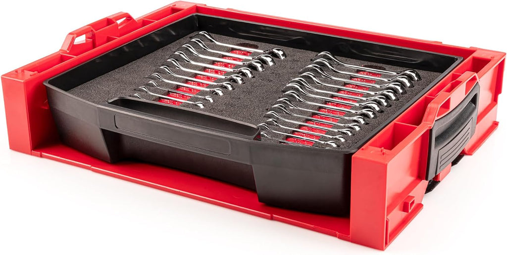 TEKTON Stubby Combination Wrench Set with Open Top Drawer and Rack, 25-Piece (1/4-3/4 in., 6-19 mm) | OLB94205