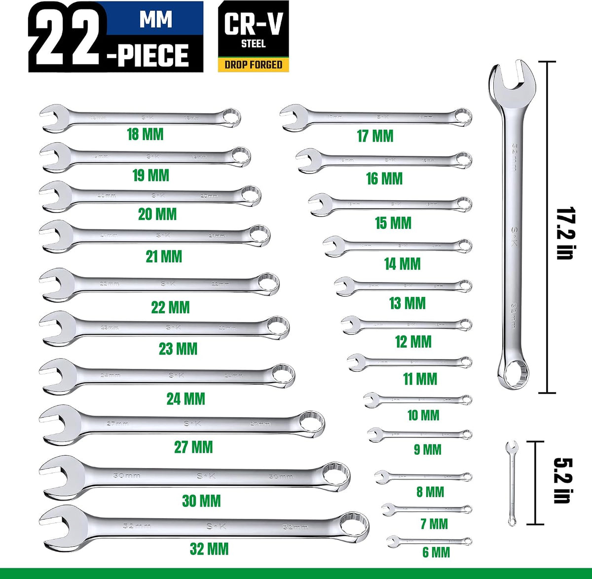 SK Combination Wrench Set, Metric 6 to 32mm, 22-Piece, SuperKrome Finish, Premium CR-V Construction, with Rolling Pouch
