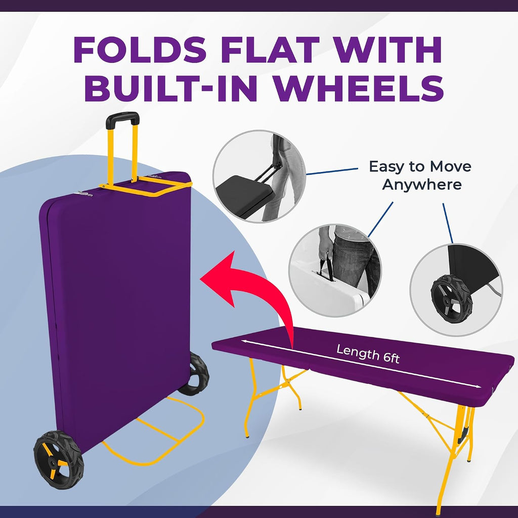 Creative Outdoor Folding Table and Chairs, 6 Ft, Built-in Wheels, Portable Durable Plastic (Purple & Yellow)