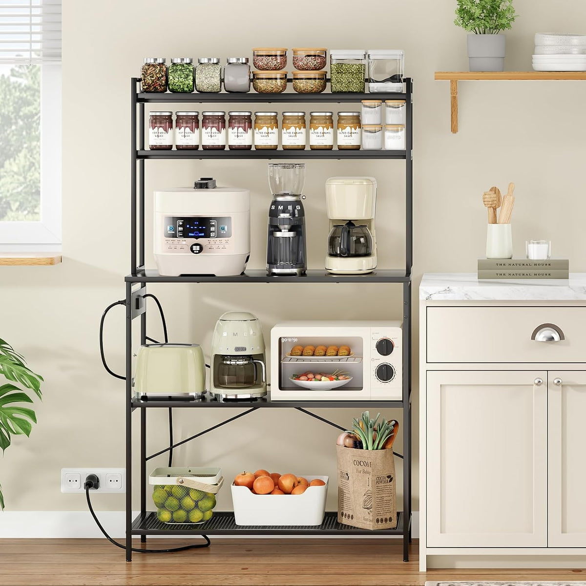Large Bakers Rack with Power Outlet, 5-Tier Microwave Stand with Storage, Multifunctional Coffee Bar Organizer, Modern Minimalist Kitchen Storage Shelf for Home, Dining Room, Garage, Black