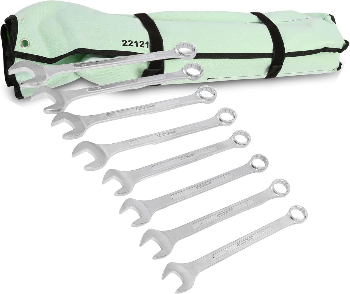 OEMTOOLS 22121 8-PC Metric Jumbo Combination Wrench Set, 33mm-50mm, 12 Pt. Box End Metric Wrench Set, 15° Offset Wrenches, Chrome Plated Finish with Wrench Roll