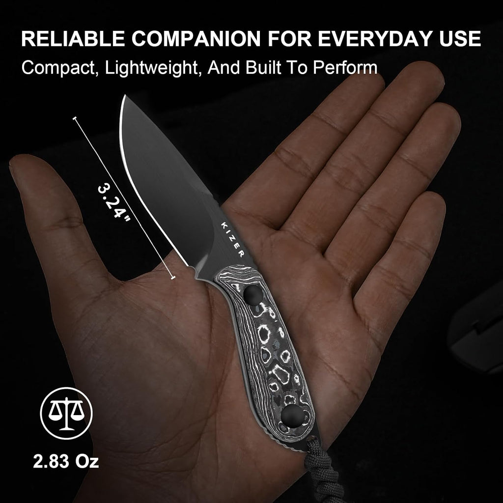 Kizer Buddy Fixed Blade Knife, 3' M390 Blade Camping Knife with Multicolored Fat Carbon White Storm Handle, Compact EDC Fixed Blade Knives with Sheath for Hiking Hunting Survival 1081A9