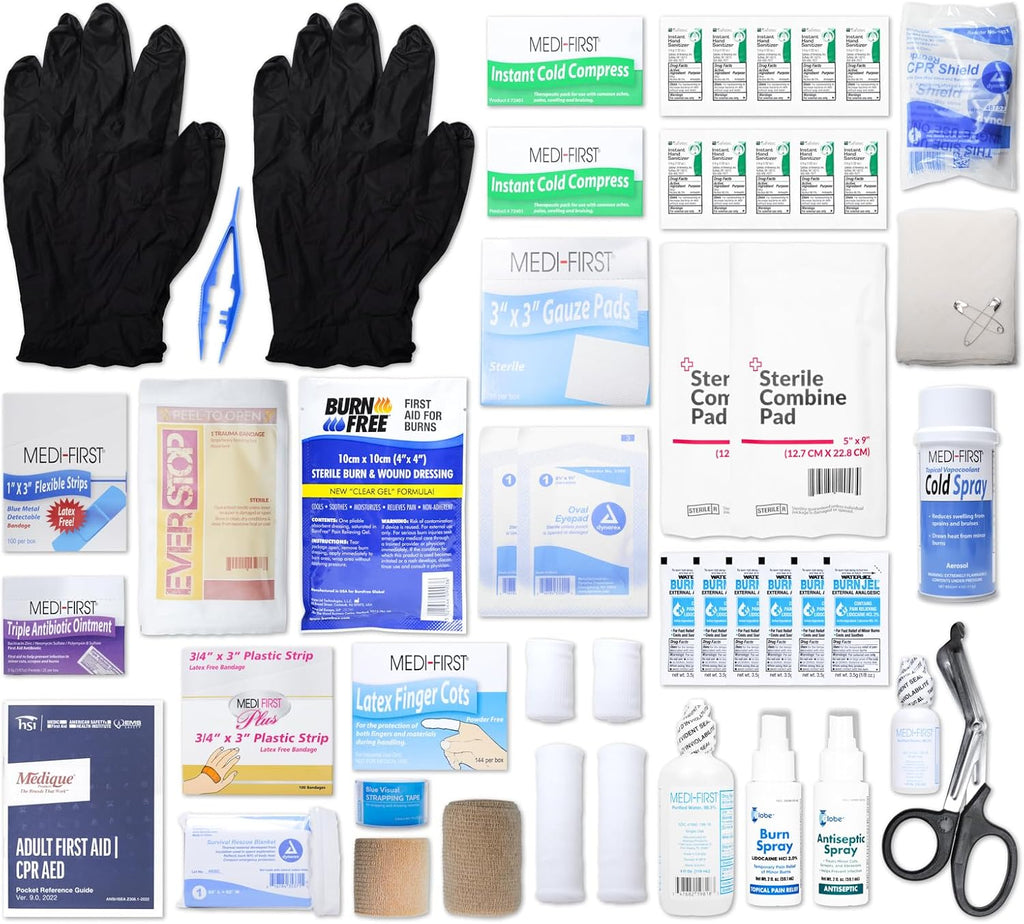 MFASCO Restaurant First Aid Kit - 2 Shelf Metal Cabinet, OSHA 2021 Class A - Catering, Food Service Areas, Food Trucks - Metal First Aid Cabinet Wall Mount for Businesses - Burn Care & Blue Bandages